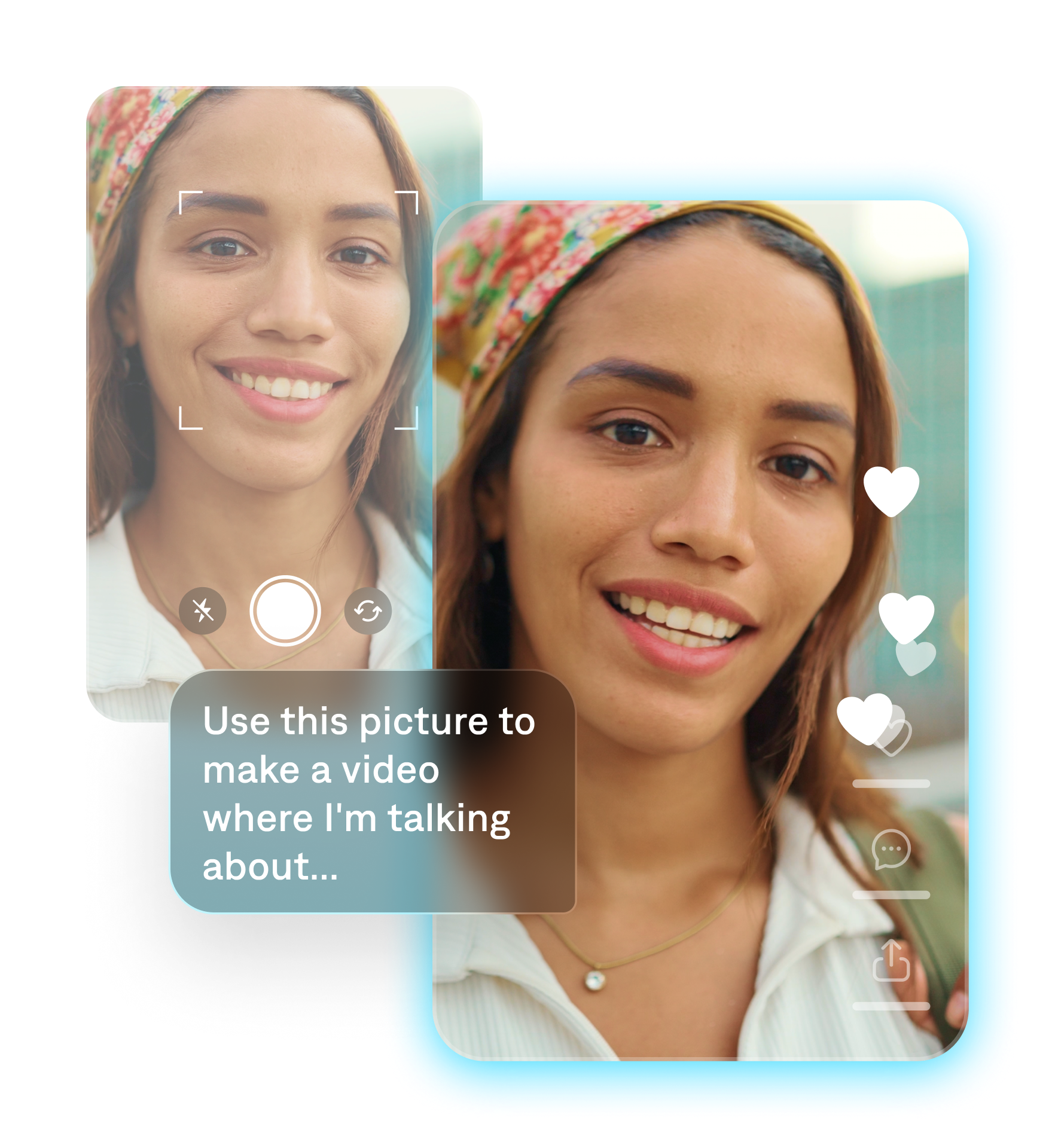 Demo of Captions generating a video from a selfie: a woman's face in a camera app fades behind the same woman speaking in a social media post.